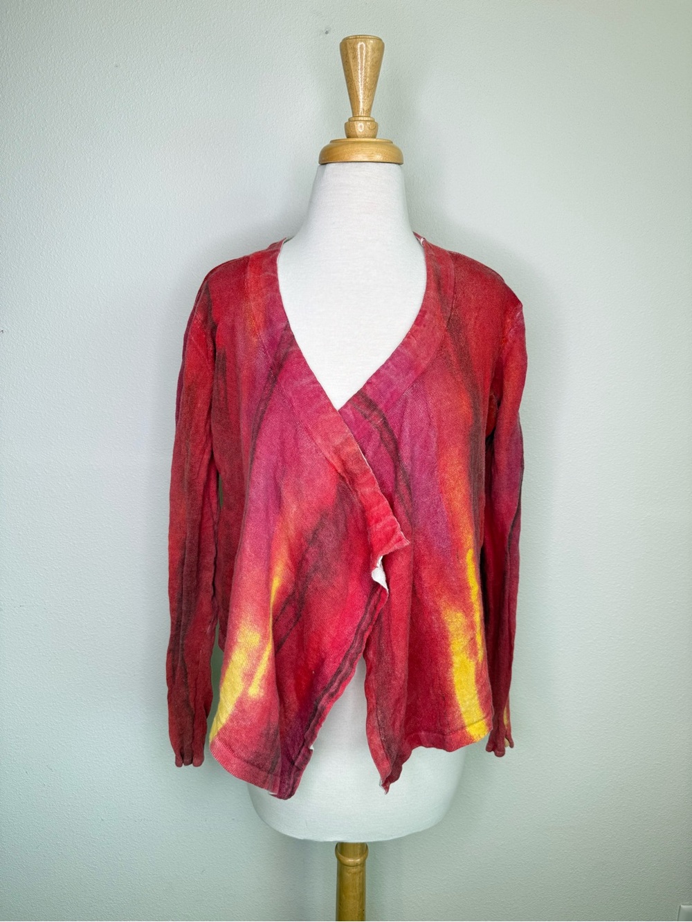 Sandy & Sid Cardi Sweater Women's Red & Yellow Draped Lightweight Open Cardigan